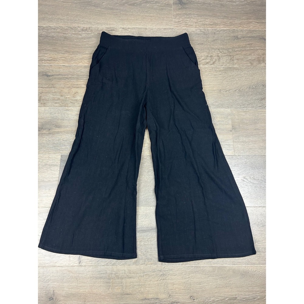 Anrabess Black Linen Blend Wide Leg Smocked Waist Pants with Pockets Medium